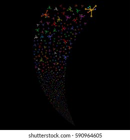 Big Bang random fireworks stream. Vector illustration style is flat bright multicolored iconic symbols on a black background. Object fountain created from scattered design elements.