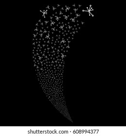 Big Bang random fireworks stream. Vector illustration style is flat white iconic symbols on a black background. Object fountain created from scattered icons.