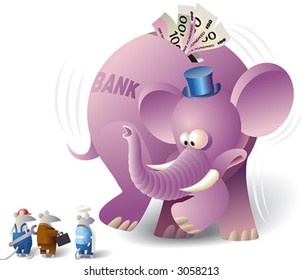 Big bank elephant is meeting with working mice. Big banks do not accept small enterprises.