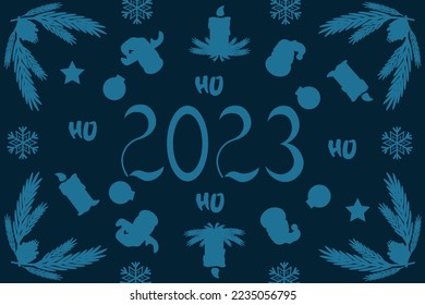 Big banner with 2023 numbers, silhouette of reindeer, santa clause, christmas ball, candle, fir cone, star, snowflake and ho on blue  background. Template new year marketing material, website  
