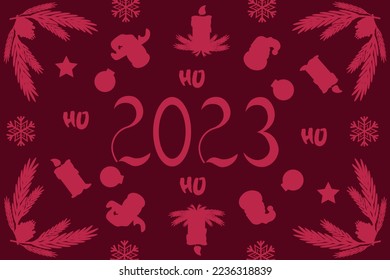 Big banner with 2023 numbers, silhouette of reindeer, santa clause, christmas ball, candle, fir cone, star, snowflake and ho on viva magenta background. Template new year marketing material, website  