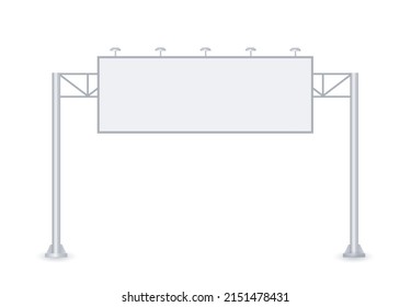 Big banner for outdoor advertising. Wide construction on two pillars with lamps. Vector realistic Mockup. Blank Billboard for urban design. White template. Front view. 