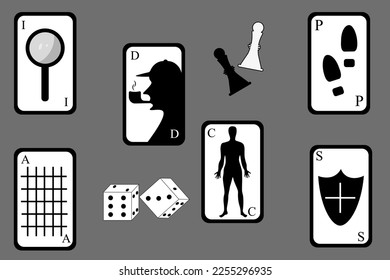 A big banner with playing cards, dice and chips for a board detective game. Poster for the website of table games for adults and children.