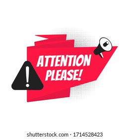 Große Bannerband-Sprachblase mit Textbezug bitte Badge und Megaphon-Lautsprecher Label flache Design-Vektorillustration Illustration einzeln auf weißem Hintergrund. Achten Sie bitte auf