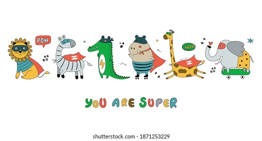 Big banner with wild animals in funny comics costumes. Cute vector illustration with hippo, tiger, lion, giraffe, elephant, zebra isolated on white background. Can be used for banner, children's room.