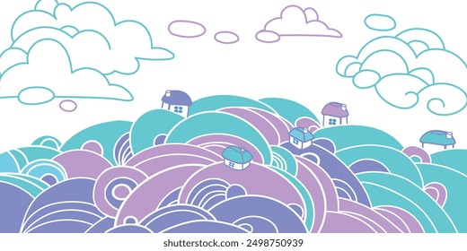 Gran Anuncio de invierno pastel dibujado a mano paisaje, cielo, casas, nubes. Diversión abstracta contemporánea moderna Ilustración vectorial de moda. Concepto lindo de dibujos animados coloridos con garabatos a mano alzada. Eps 10. No es IA