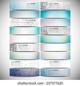 Big banners set, science backgrounds, microchip and electronics circuit backgrounds. Conceptual vector design templates. Modern abstract banner design, business design and website templates.