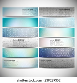 Big banners set, science backgrounds, microchip and electronics circuit backgrounds. Conceptual vector design templates. Modern abstract banner design, business design and website templates.