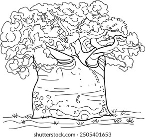 Big Baobab Tree in Madagascar, big tree, Hand drawn in thin line style