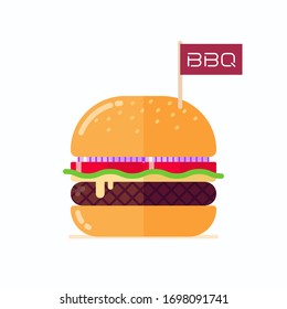 Big barbecue burger or cheeseburger with little flag, flat design illustration