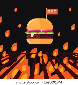 Big barbecue burger or cheeseburger with little flag above BBQ flame on black background, flat design illustration