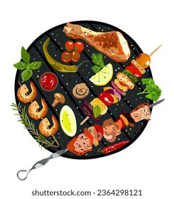 Big barbecue set. Vector isolated illustration in a round shape