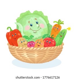 Big basket with funny vegetables. Cabbage, red pepper, potato, radish, onion, tomato, carrot and cucumber. In cartoon style. Isolated on white  background. Vector flat illustration.