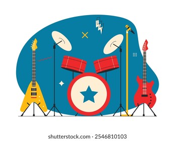 Big bass drum with star in the middle, tom tom and cymbals, there is electric guitar with microphone used for vocals or other instruments, rock n' roll vector illustration.