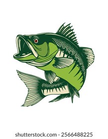 big bass fish, fishing illustration, bass fish vector, green fish art, fish logo design,