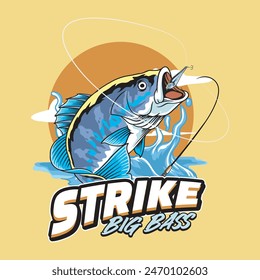 Big Bass Fish Jump Out from Splash Water Vector Cartoon for T-Shirt Graphic Design Colorful Illustration