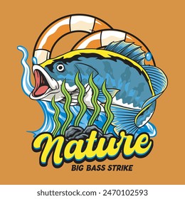 Big Bass Fish Sport Splash River Vector Cartoon for Community T-Shirt Graphic Design Colorful Illustration