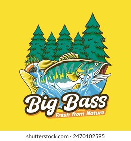 Big Bass Fish Sport Splash River Vector Cartoon Yellow Background for T-Shirt Graphic Design Colorful Illustration