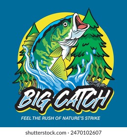 Big Bass Fish Sport Splash River Vector Cartoon for T-Shirt Graphic Design Colorful Illustration