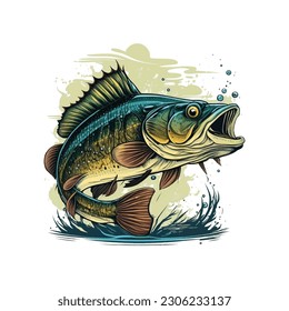 Big bass fish vector cartoon for t-shirt, Big bass fish t-shirt design