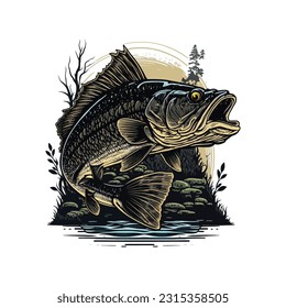 Big bass fish vector cartoon for t shirt Big bass fish t shirt design