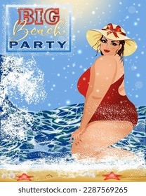 Tarjeta Big Beach Party. Mujer sexy más grande en la playa de verano, ilustración vectorial