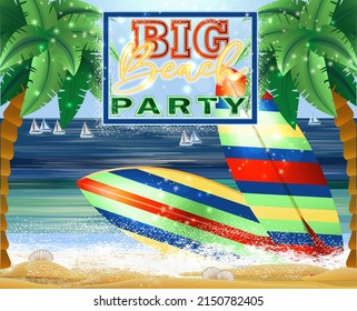 Big Beach Party VIP card with surfboards, palm tree and ship , vector illustration