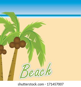 a big beach with some text and a pair of palm trees