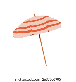 Big beach umbrella with red stipes on white background. Vector illustration. Sea elements for greeting cards, decoration, magazines, banners, menu, patterns and designs
