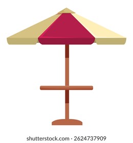 Big beach umbrella standing on wooden support providing shadow on sunny day, element for summer vacation design