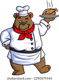 big bear cartoon character wearing chef clothes and cook hat carrying big fried chicken of illustration