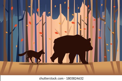 big bear and fox animals in the landscape scene vector illustration design