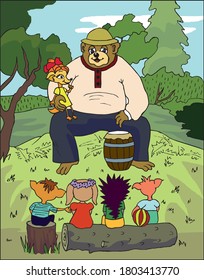 A big bear holds a little girl a fox and tells stories to children - forest animals