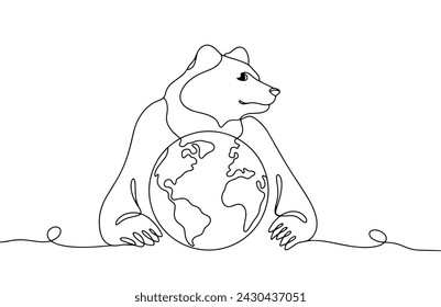 A big bear hugs the planet with its paws. World Bear Day. Vector line drawing. Images produced without the use of any form of AI software at any stage. 