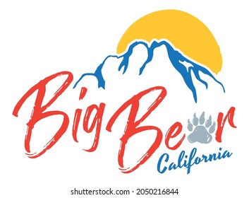 Big Bear Lake T-Shirt Design | Graphic Tee Layout for Southern California Ski Town | Vector Mountains and Paw Outline | Winter Vacation Image