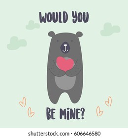 big bear proposing spouse. bear asking for proms. awesome t-shirt, mug, bag lunchbox, wallpaper, wrapper, poster and banner flat design for kids. vector illustration