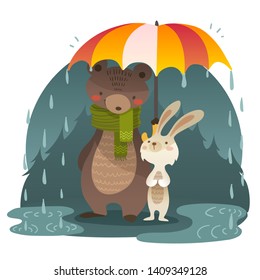 Big bear with rabbit standing under the umbrella. Vector illustration.