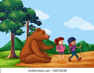 Big bear sitting on ground and people go hiking illustration