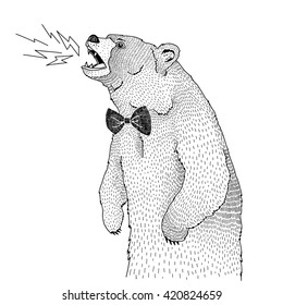 big bear with tie bow, decorative animal illustration, silk screen print