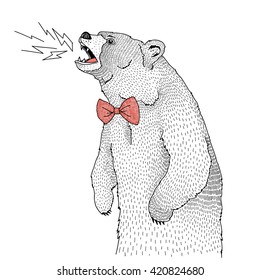 big bear with tie bow, decorative animal illustration, silk screen print