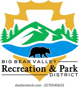 Big Bear Valley Recreation and Park District features a yellow shield-like shape enclosing a green mountain range, a blue lake or river, and a black bear silhouette in the foreground Green trees.