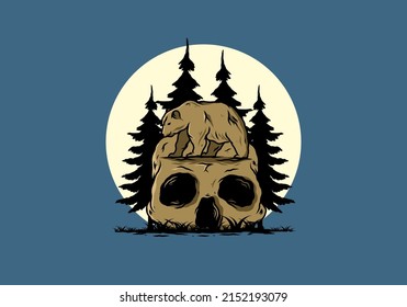 Big bear walking on skull head illustration design