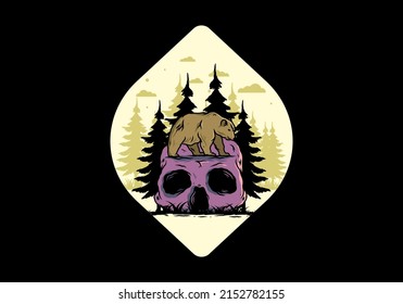 Big bear walking on skull head illustration design