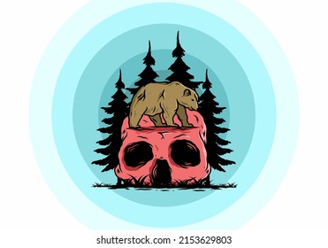 Big bear walking on skull head illustration design