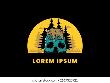 Big bear walking on skull head illustration design