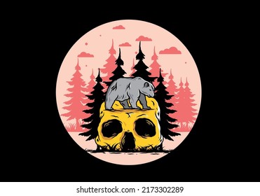 Big bear walking on skull head illustration design