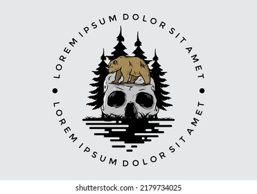 Big bear walking on skull head illustration design