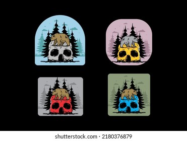 Big bear walking on skull head illustration design