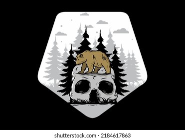 Big bear walking on skull head illustration design