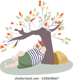 Big bearded man with backpack resting under a colorful tree Vector illustration tourism ecology concept art